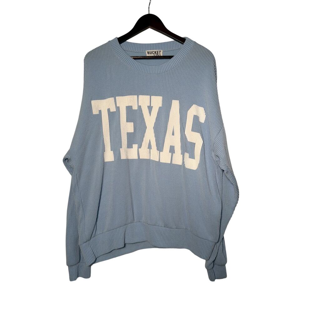 Bucket List Texas Sweatshirt Women L Ribbed Crew Neck Soft Comfy Graphic Casual